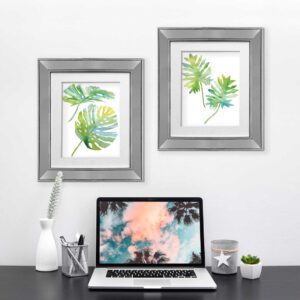 Set 2 Cuadros Palma Acuarela Marco Espejo Plata F - 43X50